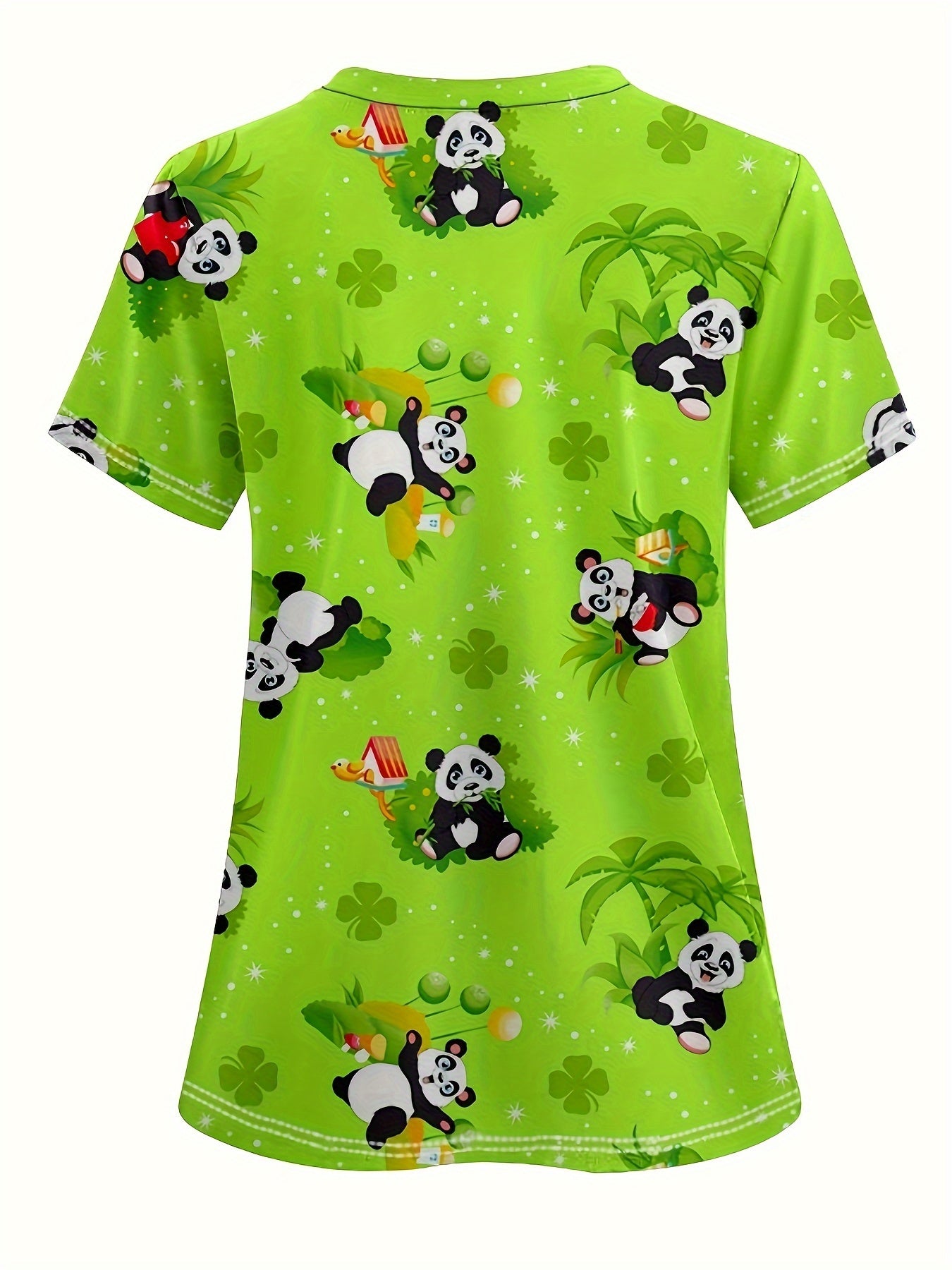 Panda Print Short Sleeve Stretchy V-Neck Top - Comfortable, Functional, and Machine Washable Health Care Uniform for Nurses - Polyester Knit Fabric, Micro Elasticity, Regular Length, and Random Animal Print Design