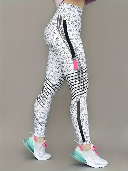 Leggings ajustados con estampado integral, leggings elásticos casuales de cintura alta, ropa para mujer