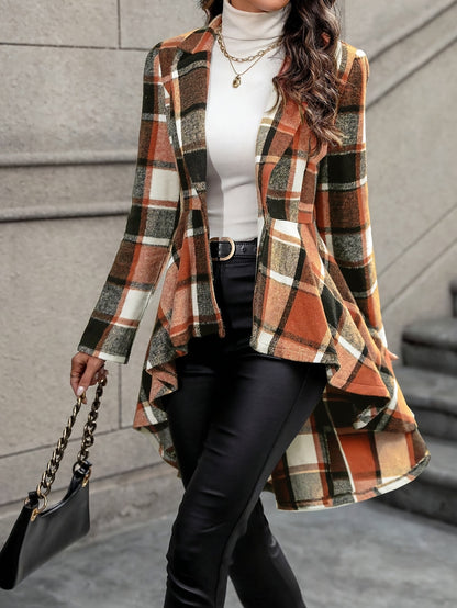 Chaqueta elegante acampanada a cuadros: manga larga elegante, dobladillo alto-bajo, botones en la parte delantera, prenda esencial para otoño e invierno, ropa de moda femenina para un estilo elegante