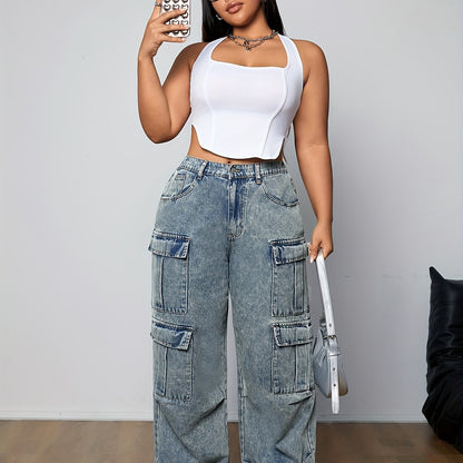 Stylish plus-size cargo jeans with multi-pocket design, streetwear style, loose fit denim pants for women's casual wear