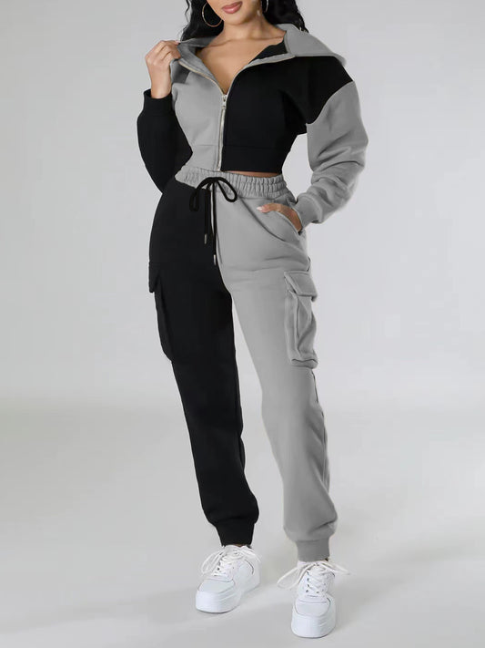 Sports Style Women's Suit: Fashionable Color-Matching Short Hooded Jacket and Cargo Pants Two-Piece Set