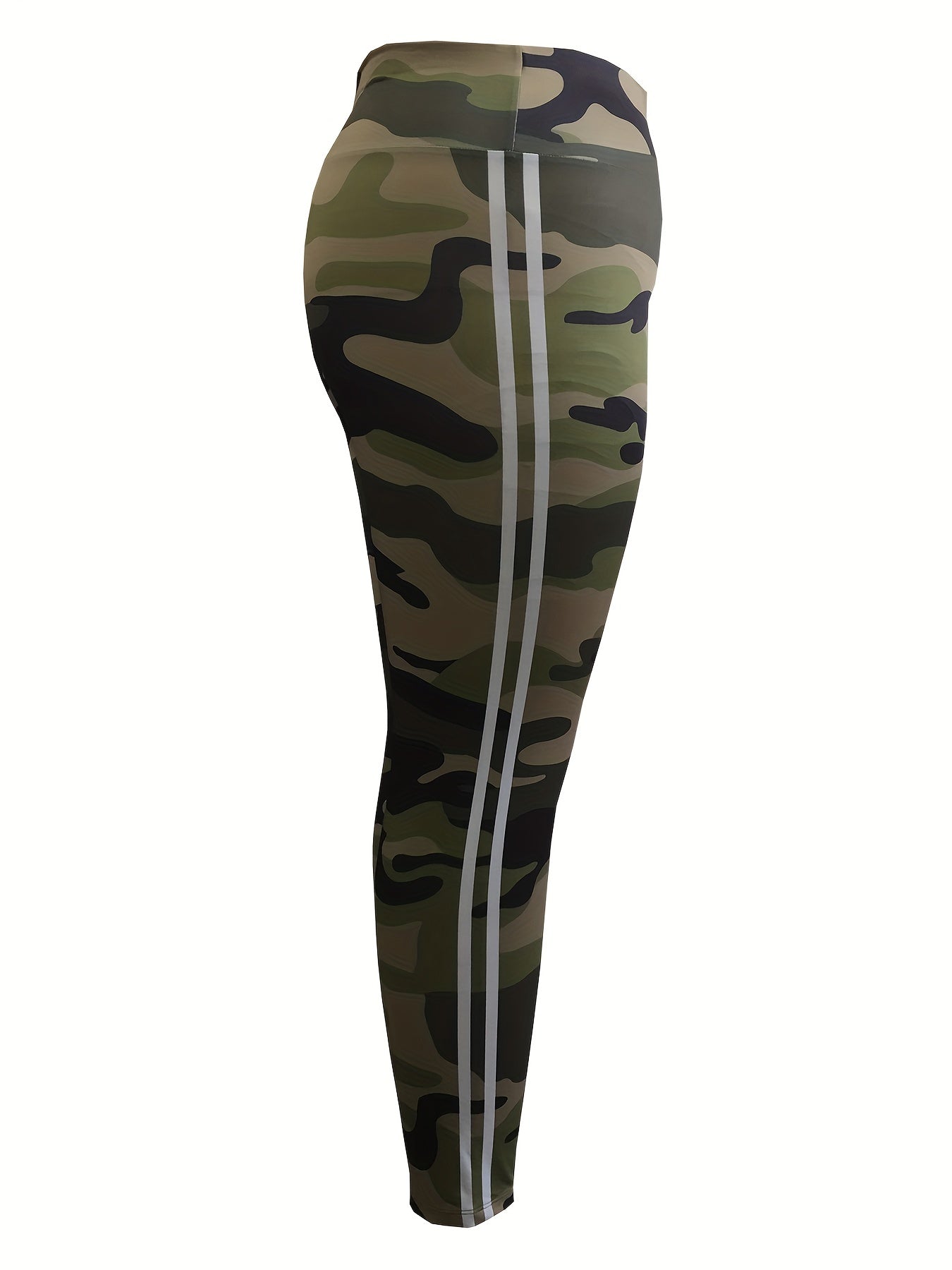 Plus Size High Waisted Camo Print Sports Leggings - Moisture-Wicking, Four-Way Stretch, Side Striped, Comfortable, Breathable, Yoga Fitness Pants for Women - Spring/Autumn Season Wear