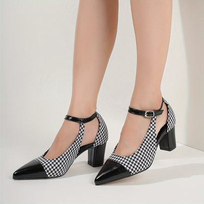 Mid Heel Womens Houndstooth Pattern Ankle Strap Shoes - Soft, Lightweight, Elegant Pointed Toe Dress Shoes with Block Heel, Faux Leather Insole, and Rubber Sole - Perfect for All-Season Wear