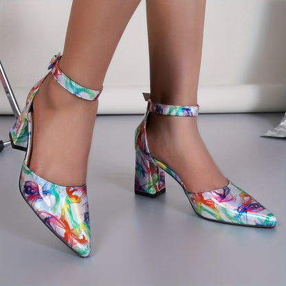 Zapatos de tacón grueso con bloques de colores vibrantes: elegante diseño de punta puntiaguda, correa con hebilla de moda, listos para la fiesta, inspirados en festivales de música, zapatos de carnaval chic para mujeres