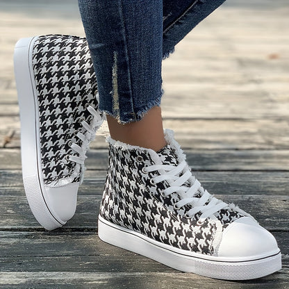 Womens Houndstooth Canvas Sneakers - Round Toe Comfort, High Top Style, Casual Flat Sole, Durable Skate-Inspired Shoes