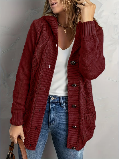 Plus Size Womens Cozy Hooded Cardigan - Soft High Stretch Long Sleeve Button Up with Pockets for Fall/Winter - Polyester Knit Fabric, Solid Color, Casual Oversized Style