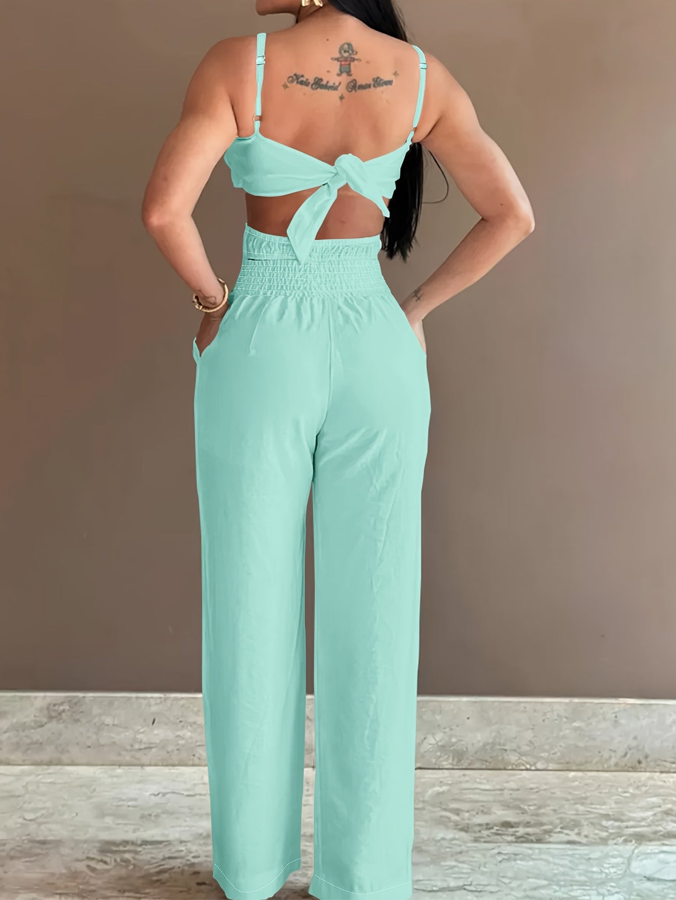 Elegant Teal 3D Floral Design Cami Jumpsuit - V-Neck, Sleeveless, Wide-Leg Pants,