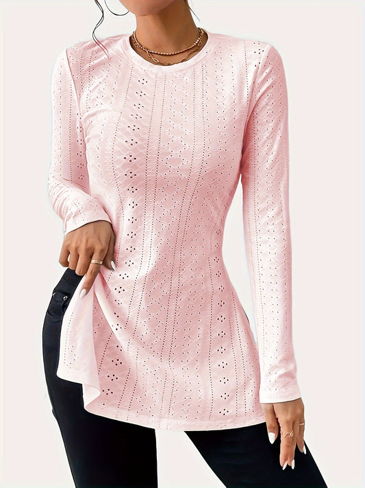 Stylish Plus Size Solid Eyelet Crew Neck Long Sleeve T-Shirt - Plus Size T-shirts with Split Detail, Casual Wear for Spring & Fall Seasons, Comfortable Women's Clothing for Curvy Figures