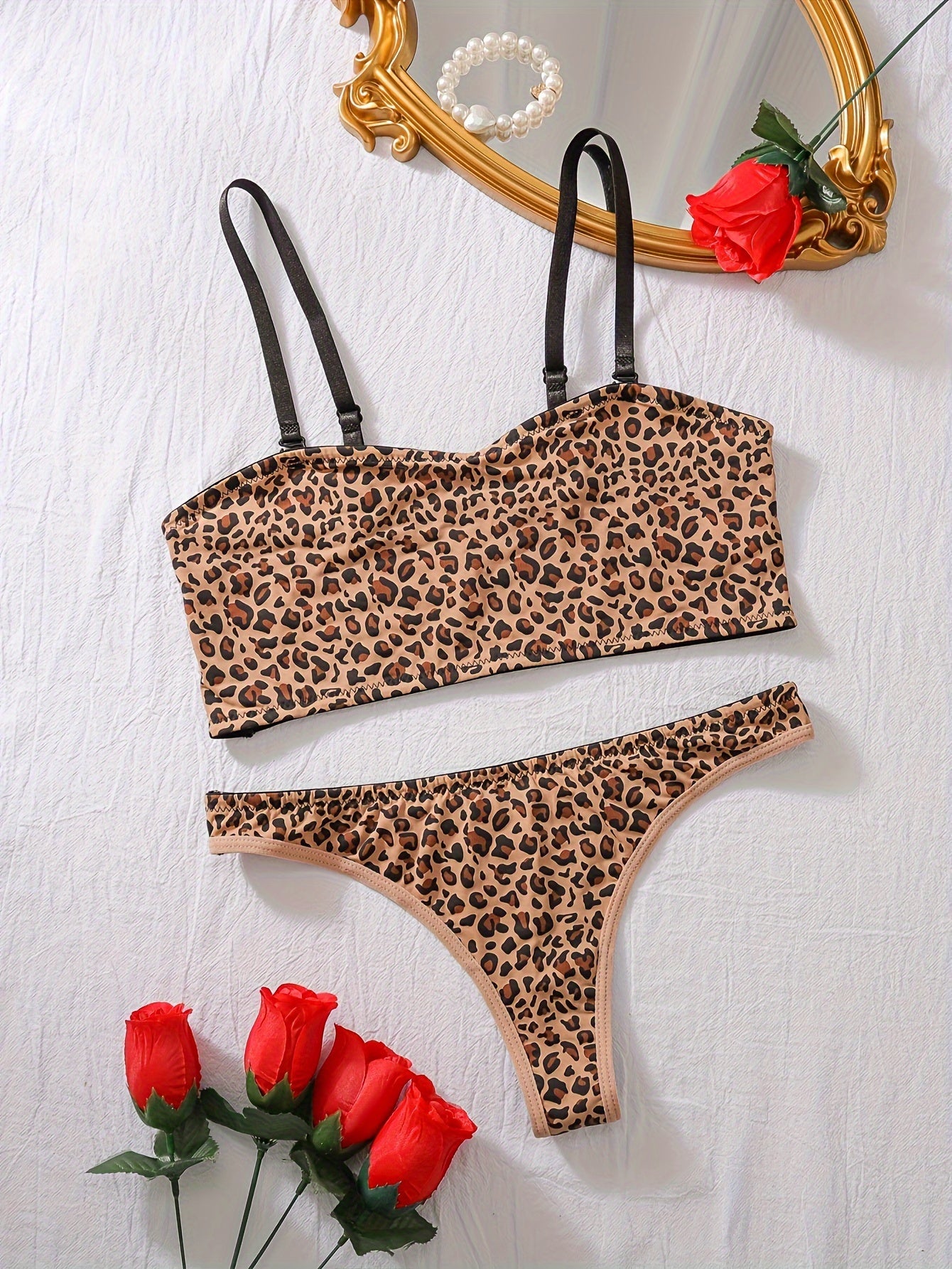 Sultry Leopard Print Lingerie Set - Full Coverage Camisole Bra & Thong - LuxyXO