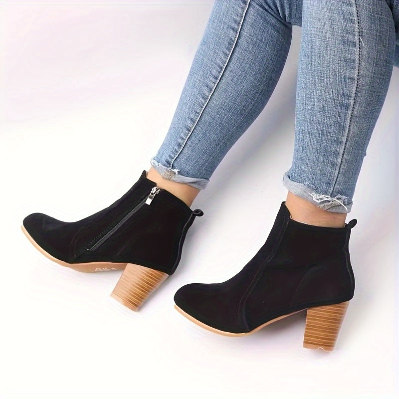 Womens Stylish Block Heel Ankle Boots - Casual Side Zipper Design for Effortless Chic - All-Day Comfortable Short Boots