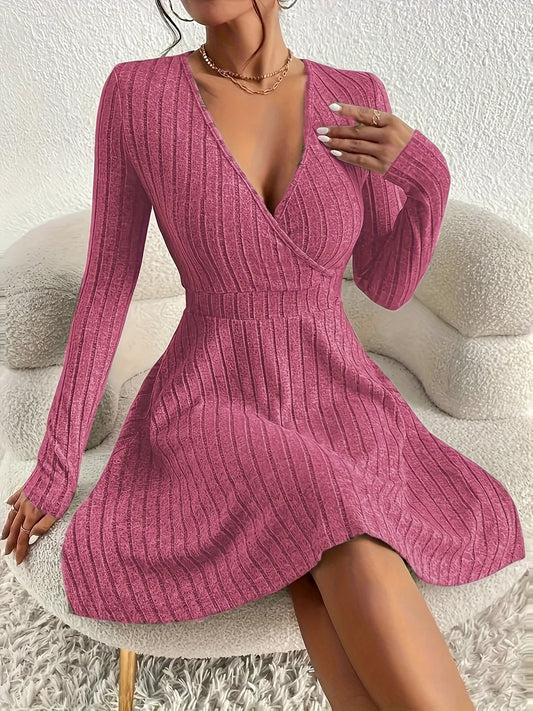 Plus Size Solid Ribbed Dress - Flattering Casual Style with Surplice Neck and Long Sleeve - Designed for Curvy Women, Plus Size Range