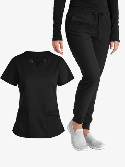 Stylish Solid Two-Piece Scrub Set - Women's Medical Uniform, Elegant V-Neck Short Sleeve Top & Drawstring Pants Outfit with Comfortable Fabric for Healthcare Professionals - Easy Care, Breathable, and Relaxed Fit