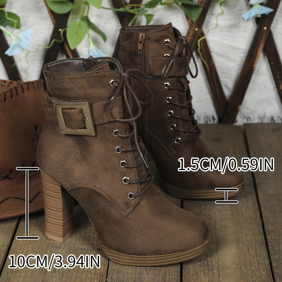 Botines elegantes para mujer con tacón de bloque, informales, con cordones y cremallera lateral, punta redonda y forro sintético
