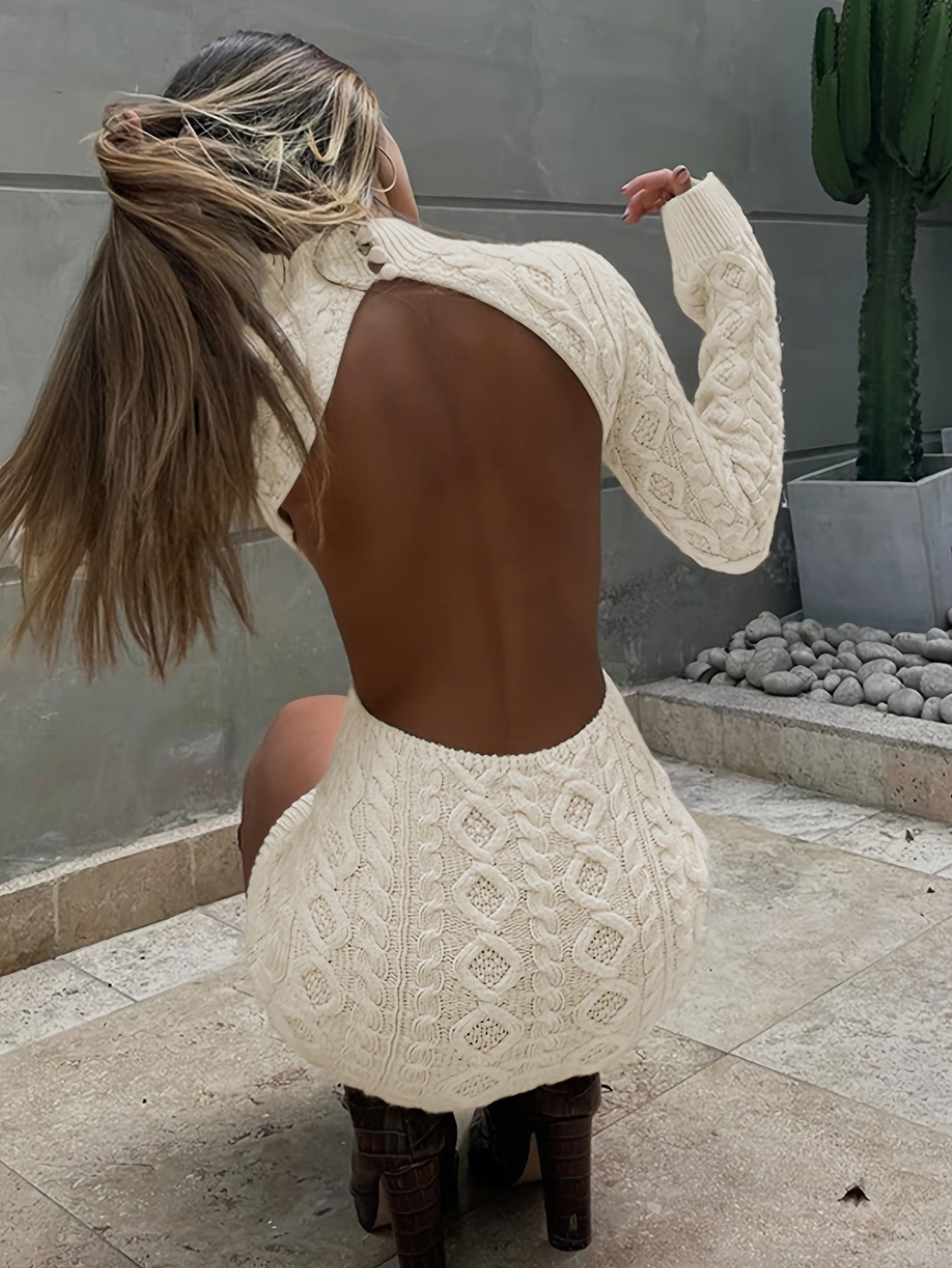 Backless Dress, Solid Color, Warm, Trendy Color, Long Sleeve Sweater, Women'S Sexy Sweater Dress.