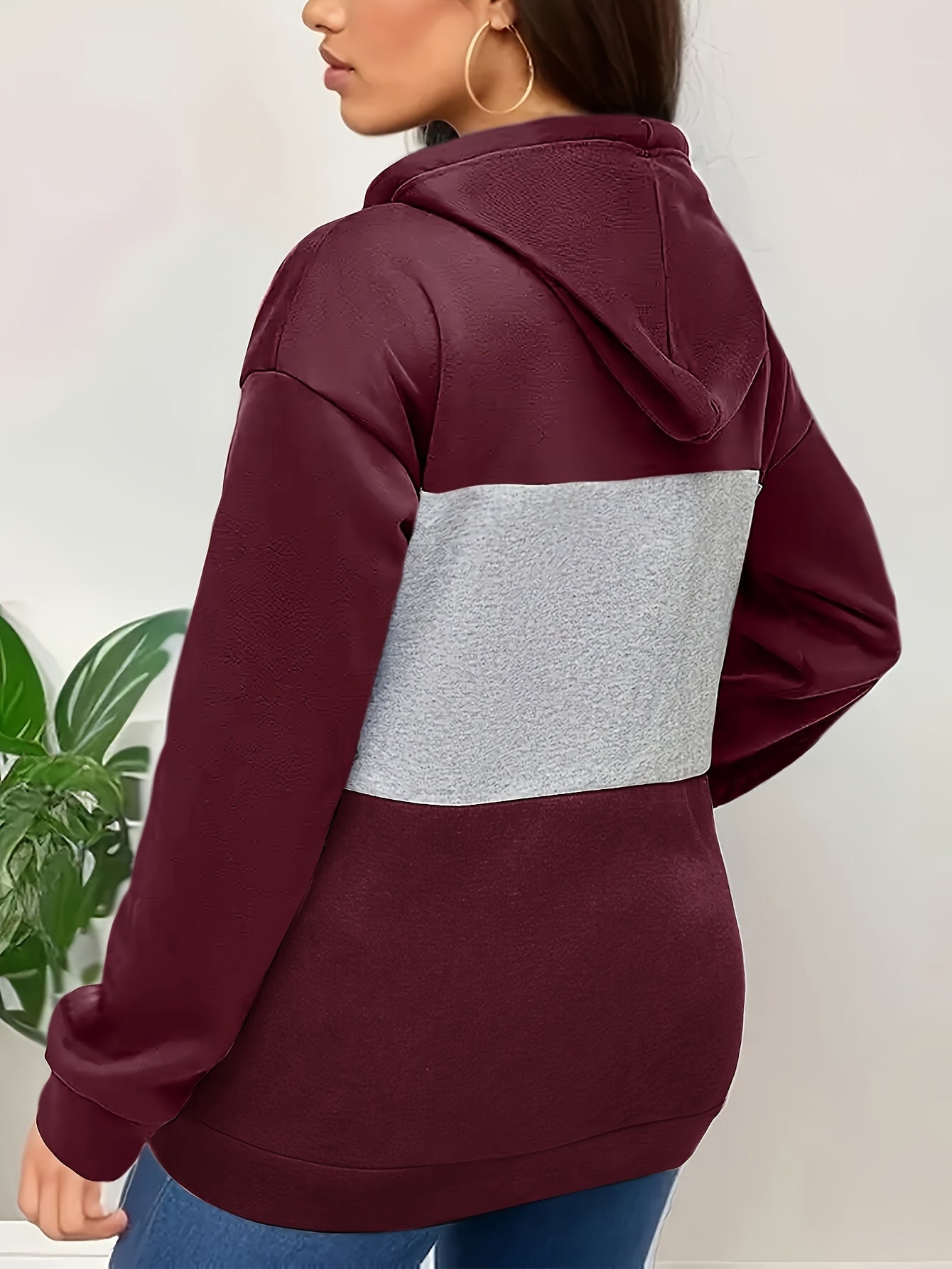 Drop Shoulder Color Block Hoodie, Casual Long Sleeve Hoodies Sweatshirt, Women's Clothing