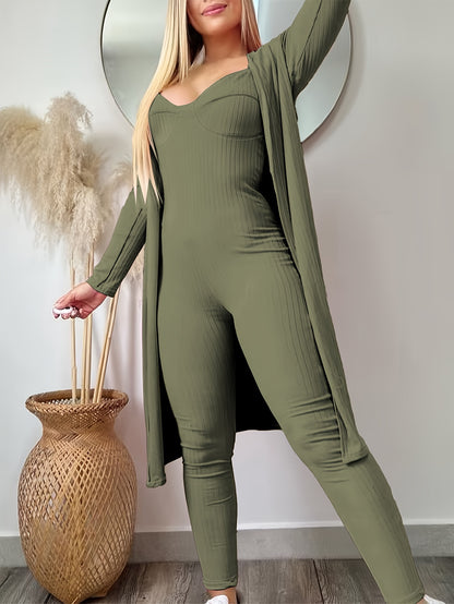 Women's Mature Solid Ribbed Lounge Set, Long Sleeve Longline Cardigan & Plunging Neck Slim Fit Cami Jumpsuit, Comfortable Relaxed Fit For Fall & Winter