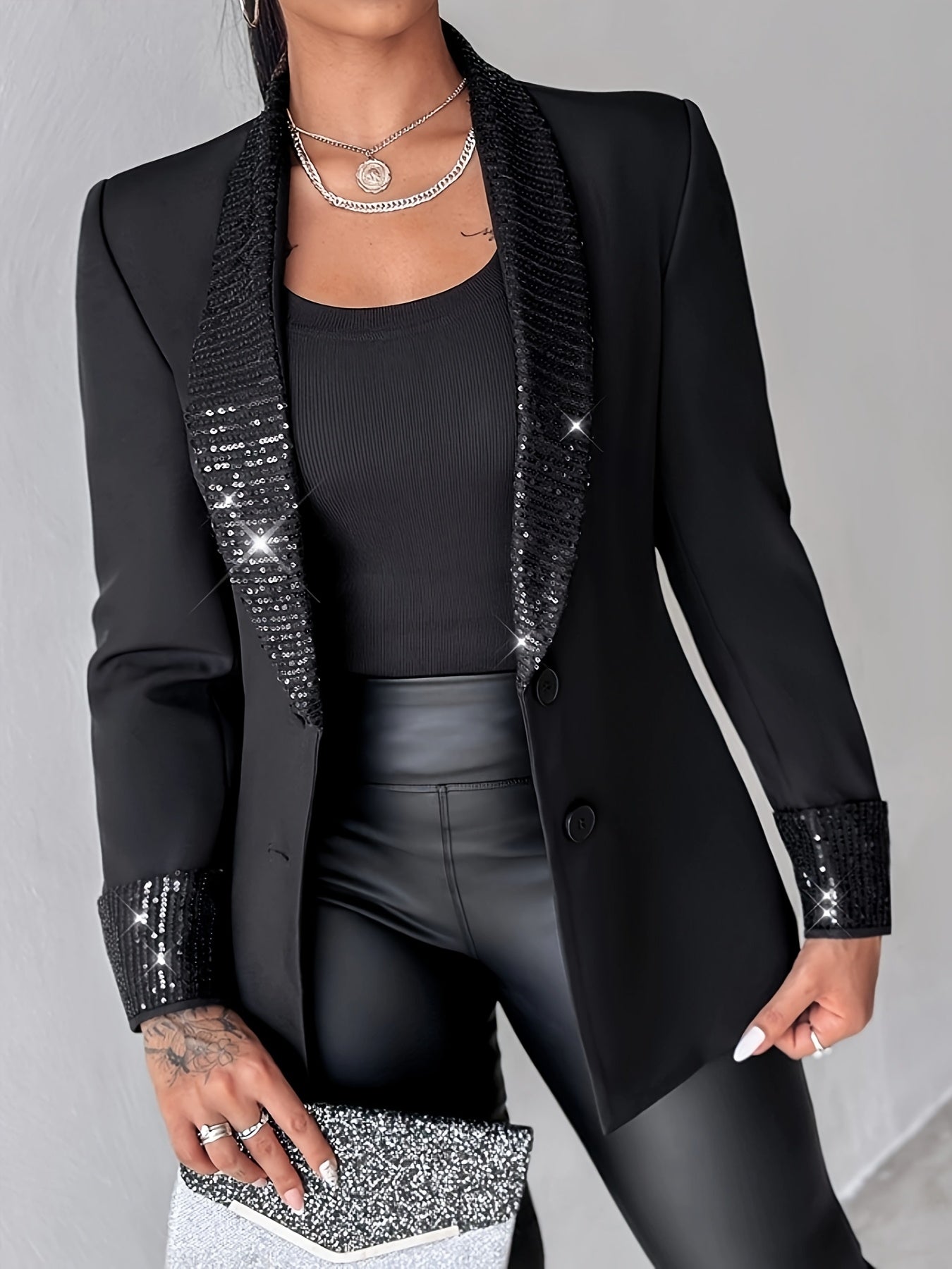 Elegante chaqueta tipo blazer con cuello chal y lentejuelas, manga larga, corte regular, prenda exterior tejida para todas las estaciones con detalle en contraste