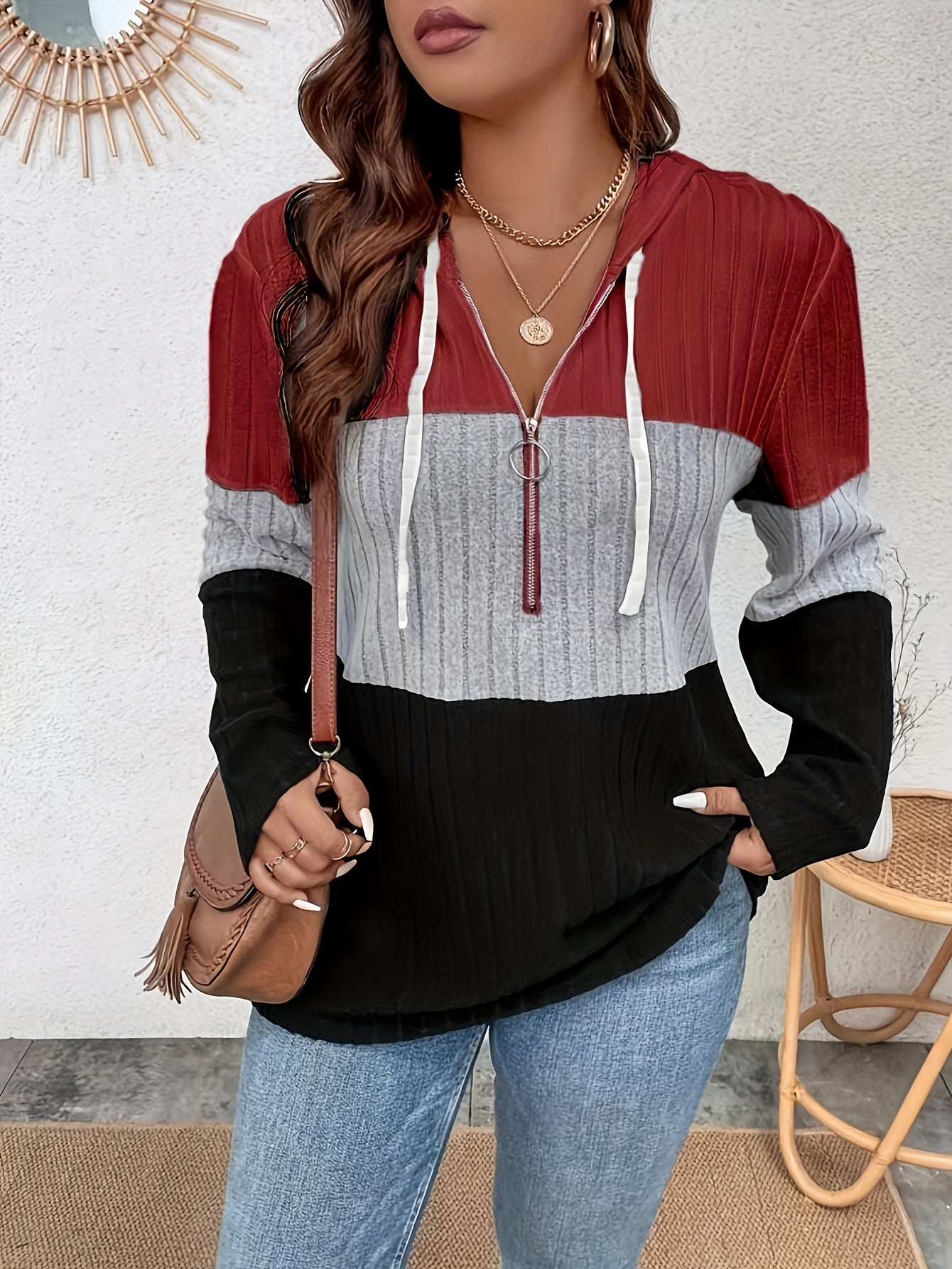 Plus Size Womens Cozy Hoodie - Soft Medium Stretch Polyester, Contrast Collar, Ribbed Zipper, Long Sleeve, Drawstring, Solid Color, Casual Pullover for Spring and Fall Seasons