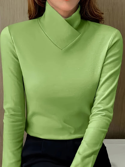 Plus Size Womens High Neck Slim Fit Top - Flattering Solid Color with Superb Stretch - Timeless Basic Style, Comfortable Long Sleeves