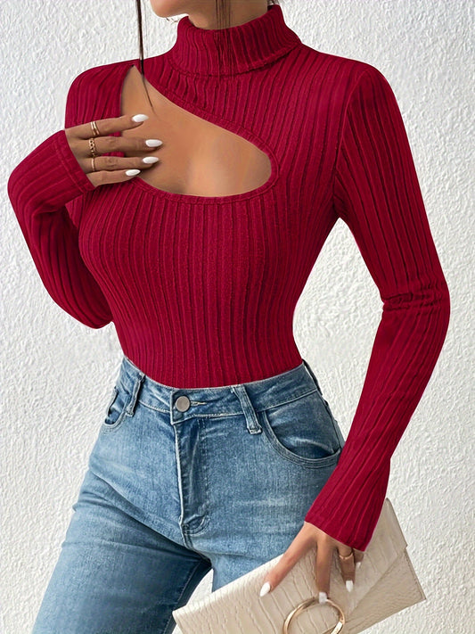 Cut Out Knitted Long Sleeve Shirt, Casual Rib Knit Turtle Neck Top