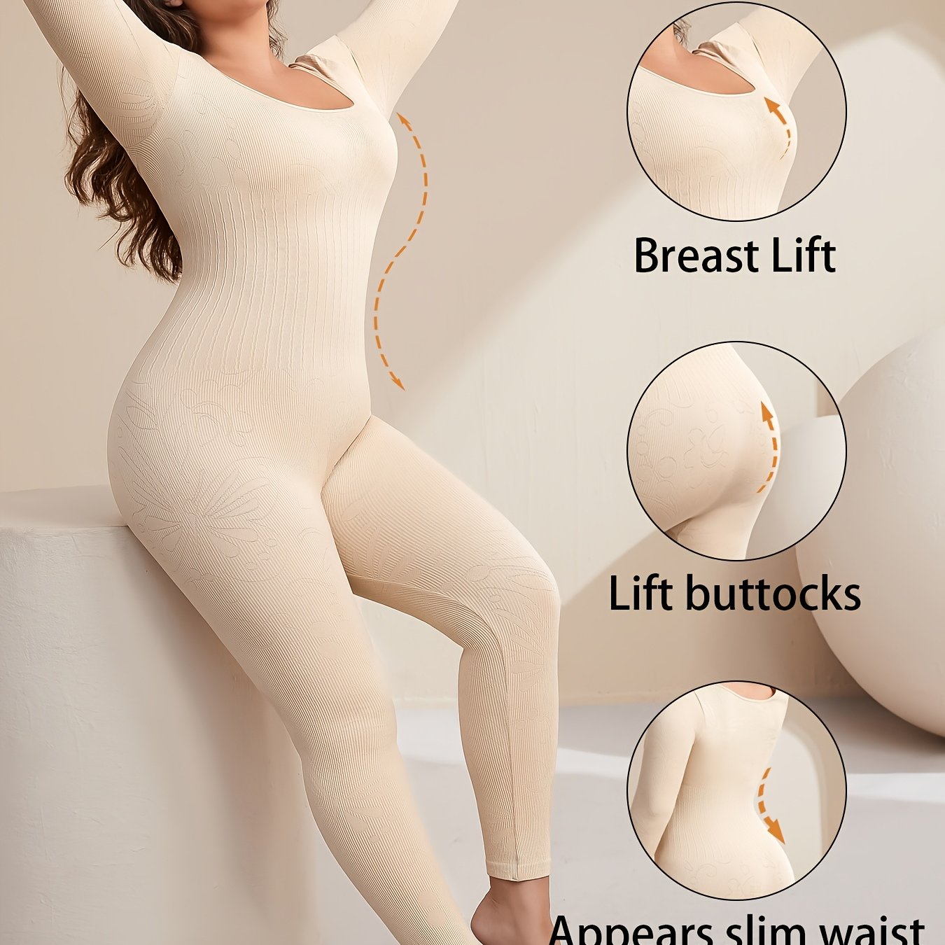 Plus Size Seamless Yoga Bodysuit - High Stretch, Long Sleeve, Solid Color Activewear Jumpsuit