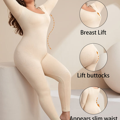 Plus Size Seamless Yoga Bodysuit - High Stretch, Long Sleeve, Solid Color Activewear Jumpsuit