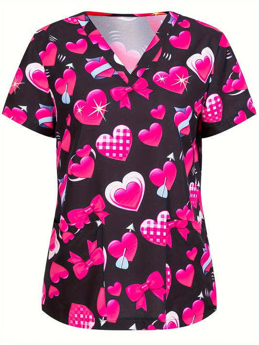 Heart Print V Neck Scrub Tops, Elegant Short Sleeve Patch Pockets Medical Nurse Uniform, Women's Clothing