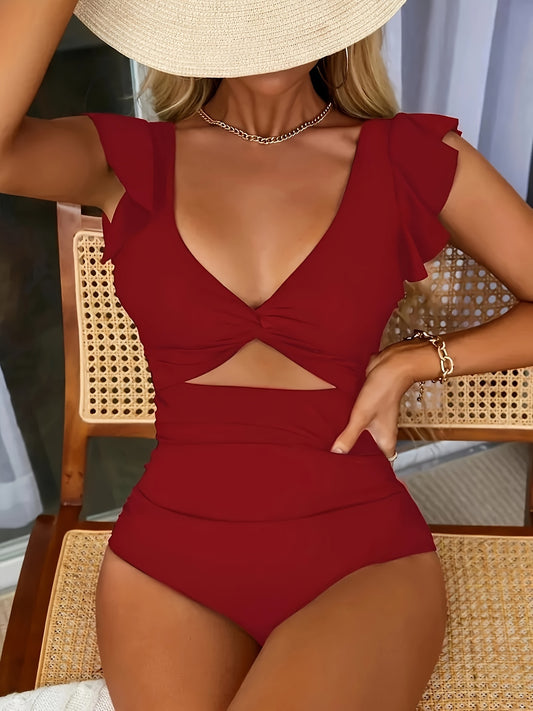 Ruffle Cut Out Ruched One-piece Swimsuit, Solid Black Tummy Control Stretchy Bathing Suits