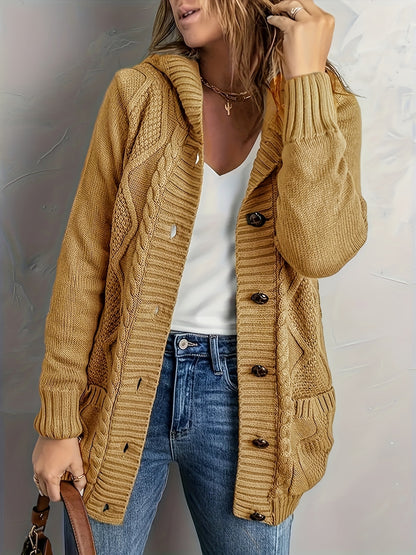 Plus Size Womens Cozy Hooded Cardigan - Soft High Stretch Long Sleeve Button Up with Pockets for Fall/Winter - Polyester Knit Fabric, Solid Color, Casual Oversized Style