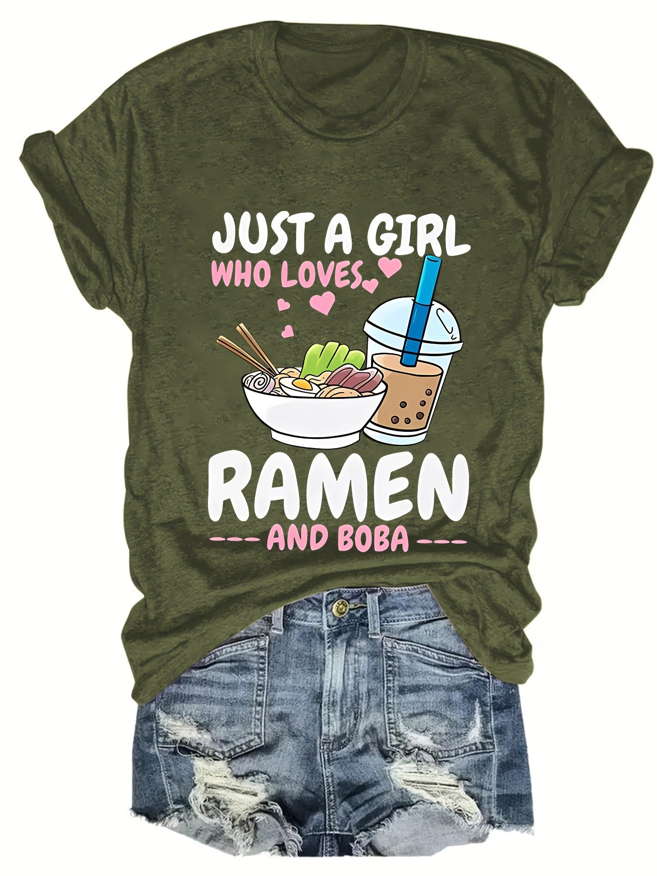 Camiseta de cuello redondo con estampado de ramen vibrante: camiseta de manga corta suave, transpirable e informal para primavera y verano: ropa de mujer de corte relajado para uso diario