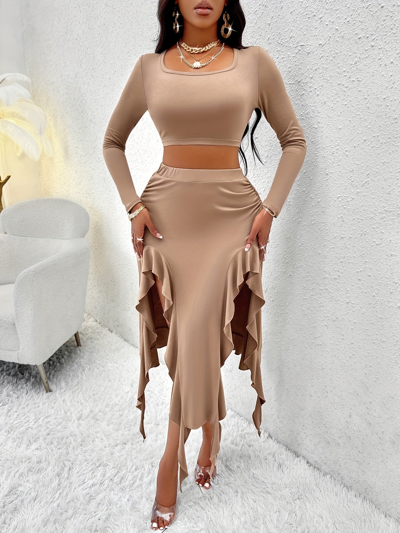 Elegant Solid Color Women's Outfit - Long Sleeve Crew Neck Top & Ruffle Hem Skirt Set