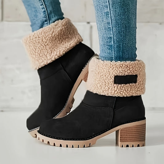 Cozy Winter Chunky Heel Boots - Soft Plush Lined, Slip-On Design, Comfortable Ankle Support, Warm Insulation, Casual Style for Daily Wear - Perfect for Cold Weather - LuxyXO