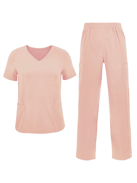 Conjunto de uniforme médico elegante de color sólido: ropa para mujer, blusa médica funcional con bolsillos de parche, cuello en V, manga corta y pantalones con cintura elástica, uniforme médico cómodo para el trabajo, uso diario y uso hospitalario