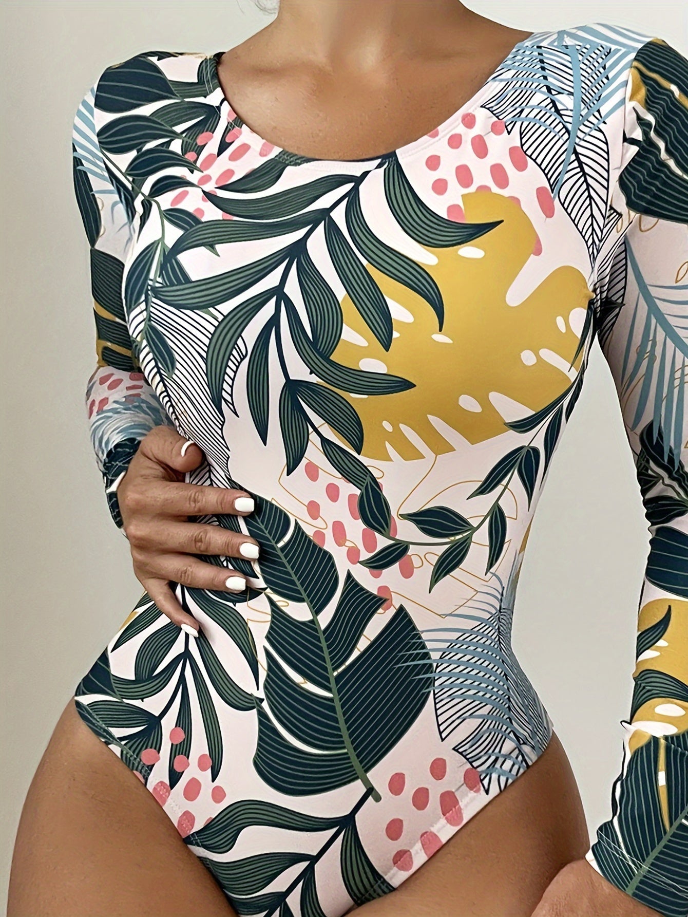 Tropical Print One-piece Swimsuit, Crew Neck Long Sleeves Backless High Cut -  Polyester & Spandex - For Women