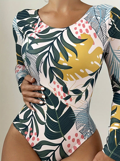 Tropical Print One-piece Swimsuit, Crew Neck Long Sleeves Backless High Cut -  Polyester & Spandex - For Women