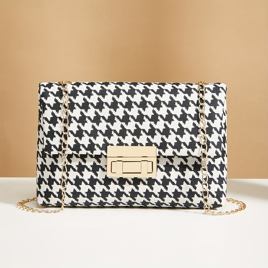 Houndstooth Glam - Stylish Chain Crossbody Bag with Secure Lock