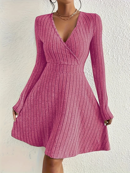 Plus Size Solid Ribbed Dress - Flattering Casual Style with Surplice Neck and Long Sleeve - Designed for Curvy Women, Plus Size Range