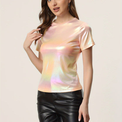 Camiseta holográfica brillante para mujer, mezcla de dacrón y licra, cuello redondo, largo normal, color liso, tela tejida, para verano, estilo sexy