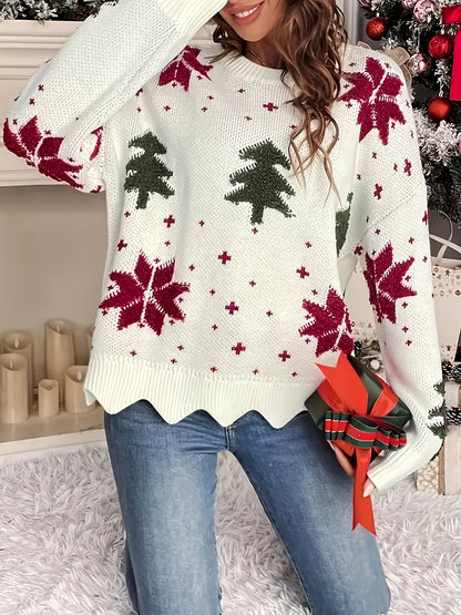 Suéter de manga larga con estampado de árbol de Navidad para otoño e invierno, ropa informal con ribete festoneado para mujer