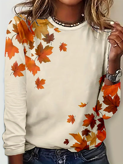 Cozy Maple Leaf Print Crew Neck T-Shirt - Classic Design, Relaxed Fit, Long Sleeves for Comfort - Perfect for Women, Spring and Fall Seasons