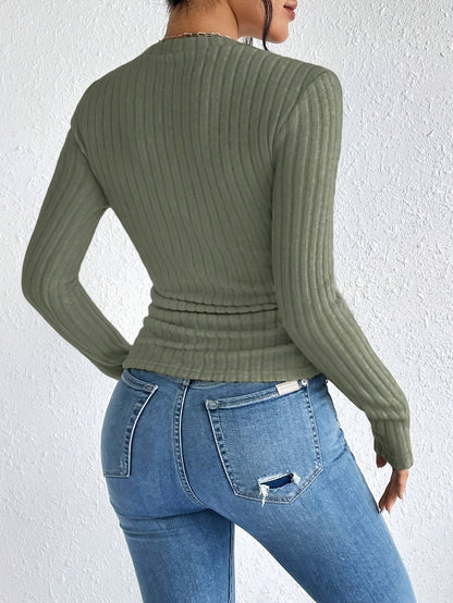 Elegant Solid Color Ribbed Pullover Sweater for Women - Crew Neck, Long Sleeve, Machine Washable - Perfect for Fall & Winter, for Autumn