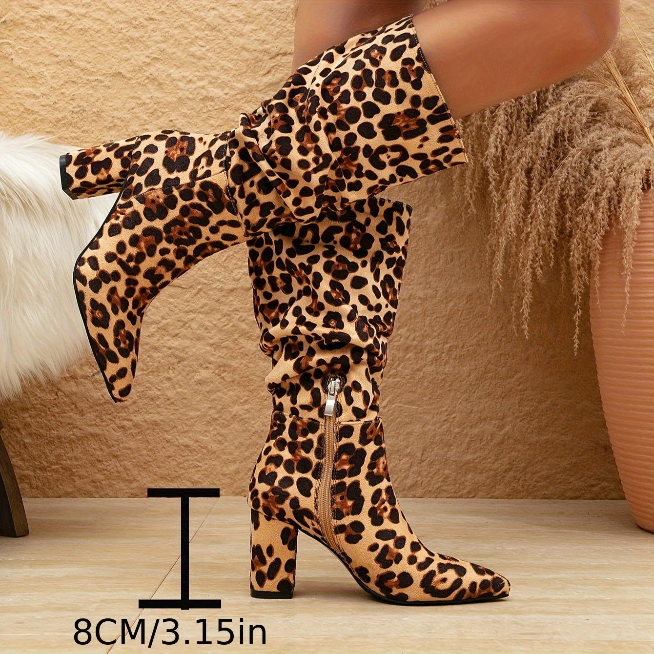 A Variety Of Stylish High-heeled Boots With Leopard Print, Pointed Toes, Side Zippers, Over-the-knee Design, High Tube, Suede Material, Winter Style