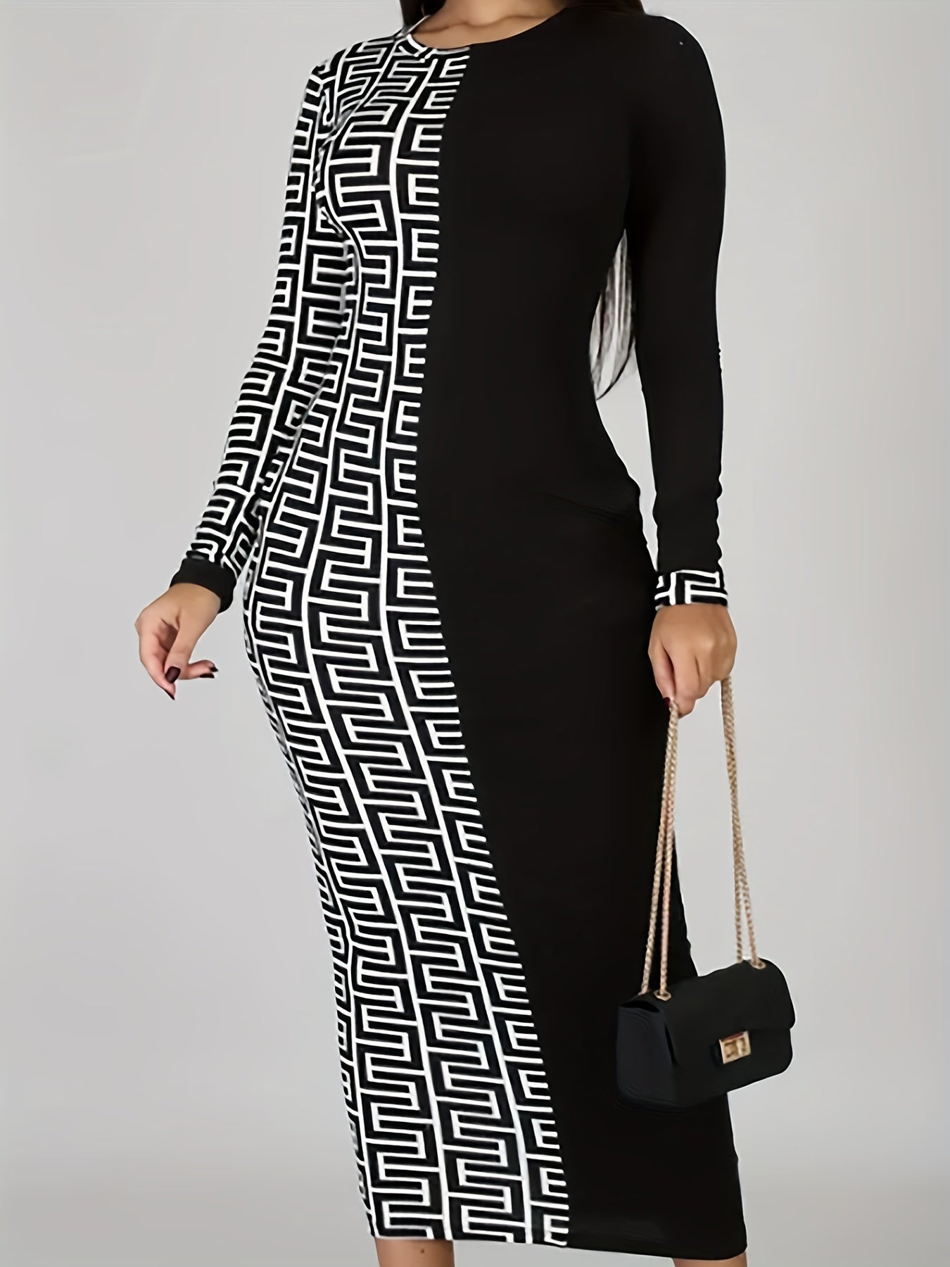 Stunning Plus Size Retro Colorblock Geometric Print Dress - Plus Size Dresses - Long Sleeve, Round Neck, Bodycon, Midi, Women's Fashionable Party Wear with Vibrant Colors and Unique Pattern