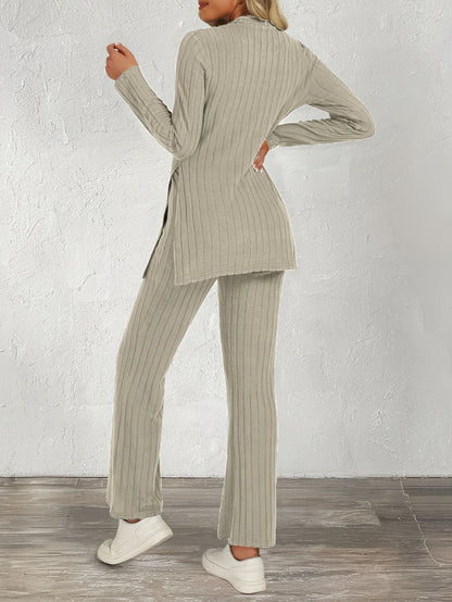 Trendy Two-Piece Ribbed Pantsuit Set - Long Sleeve Crew Neck Split Top & Strait Pants Outfit