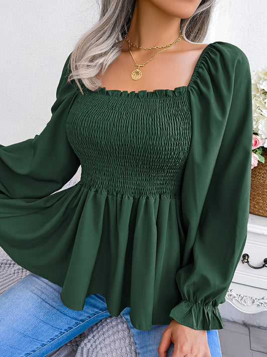 Blusa de manga larga con busto fruncido y hombros descubiertos de talla grande - Elegante prenda informal de cuello cuadrado de poliéster de color sólido para primavera, verano y otoño - Tejido no elástico y lavable a máquina