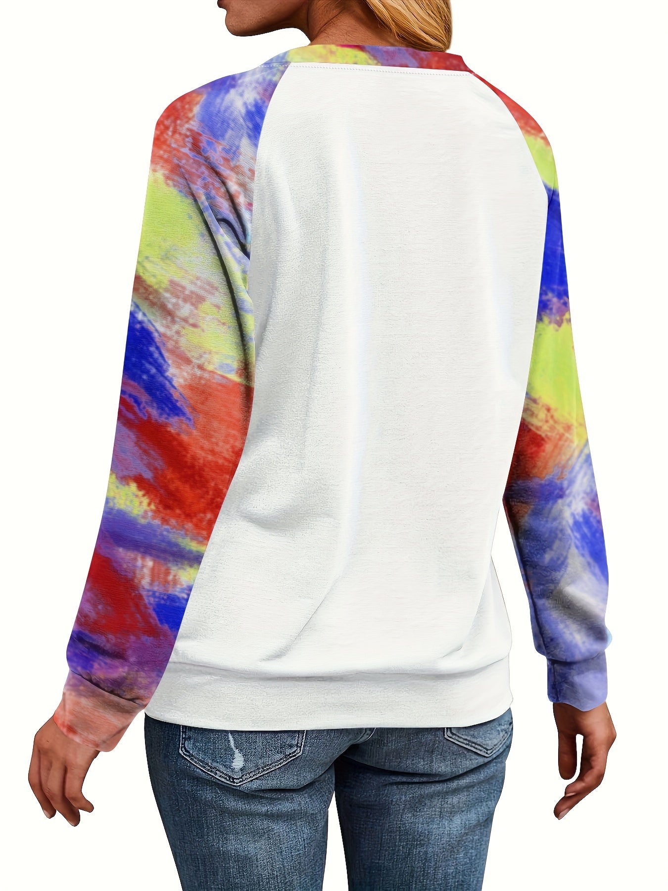 Christmas Colorful Tree Print Sweatshirt, Cute Color Block Crew Neck Sweatshirt, Women's Clothing