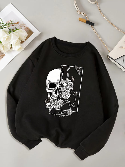 Skull & White Rose Print Casual Loose Long-Sleeved Sweatshirt, Pullover Crew Neck Sweatshirt, Women's Sweatshirts