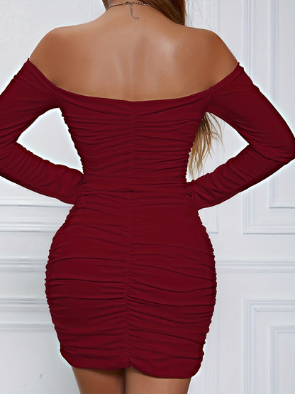 Chic Off Shoulder Ruched Dress - Flattering Bodycon Fit with Long Sleeves - Perfect Party Wear for Trendsetting Women