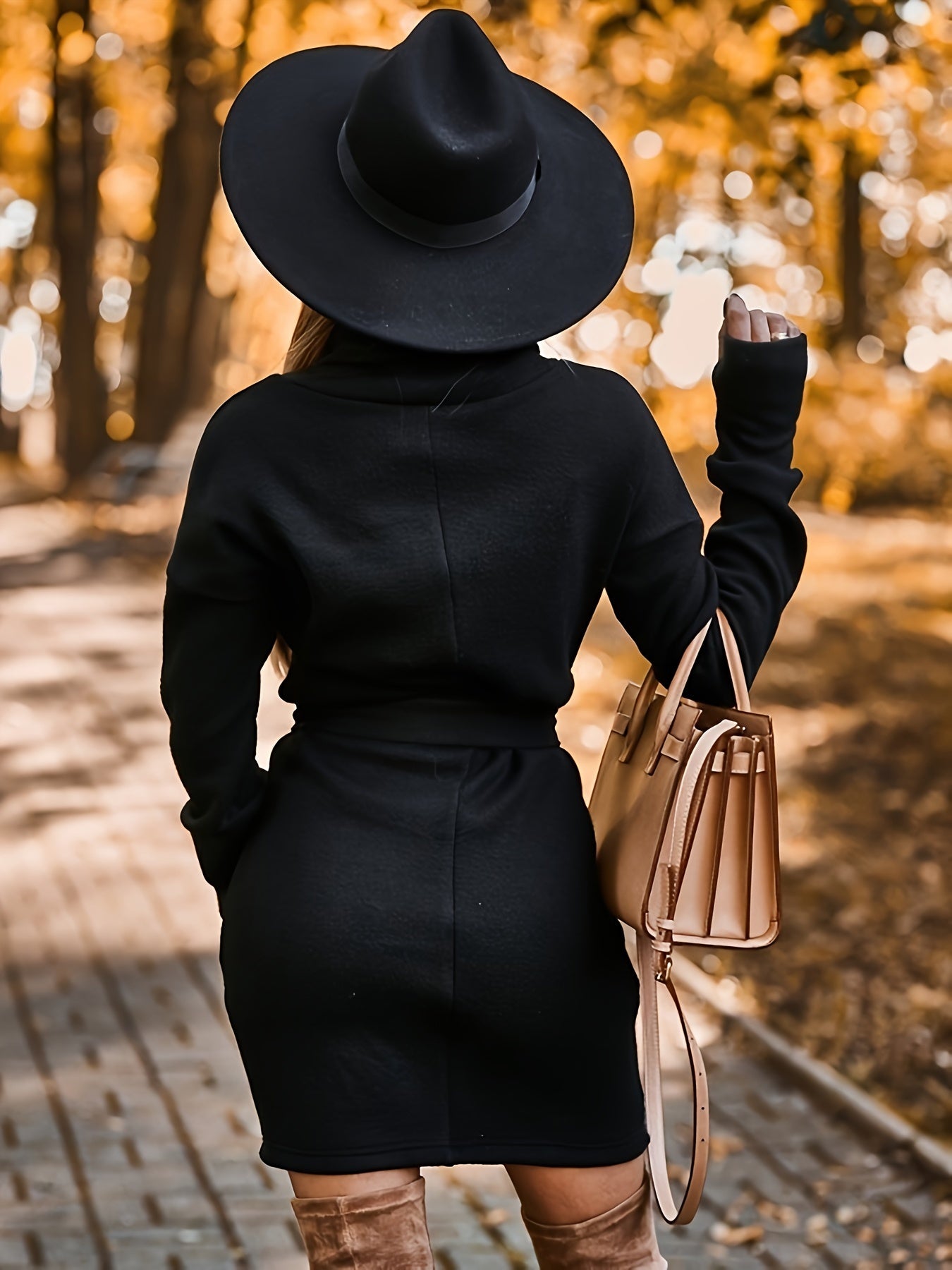 Vestido tipo jersey de manga larga con cuello doble, femenino y elegante