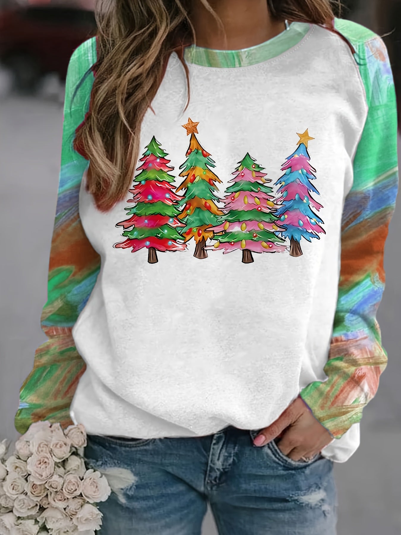 Christmas Colorful Tree Print Sweatshirt, Cute Color Block Crew Neck Sweatshirt, Women's Clothing